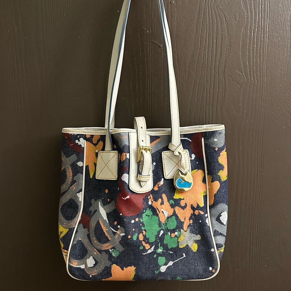 Dooney & Bourke Denim-Like Canvas Tote Bag w/ Paint Splat/Graffiti Pattern